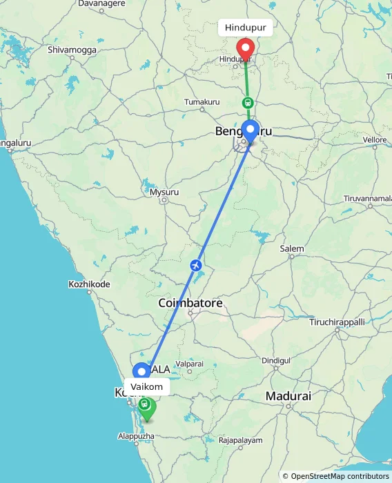 Route map showing distance and travel time from Vaikom, India to Hindupur, India