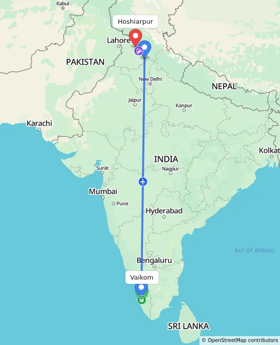 Route map showing distance and travel time from Vaikom, India to Hoshiarpur, India