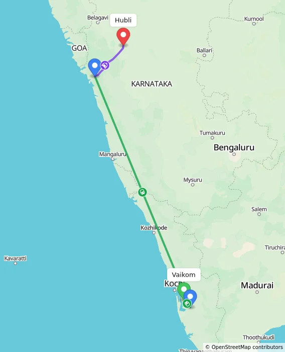 Route map showing distance and travel time from Vaikom, India to Hubli, India