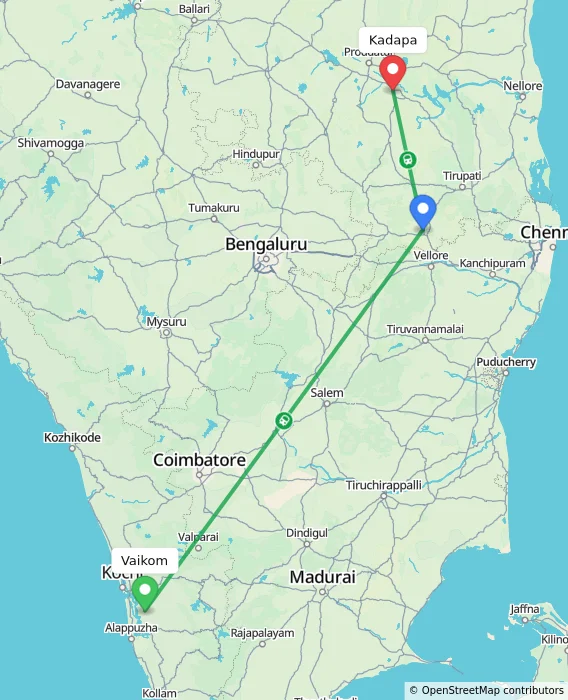 Route map showing distance and travel time from Vaikom, India to Kadapa, India