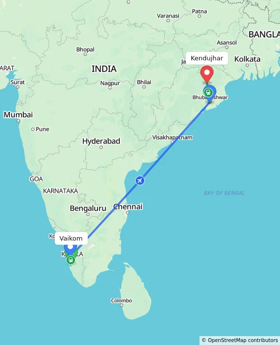 Route map showing distance and travel time from Vaikom, India to Kendujhar, India