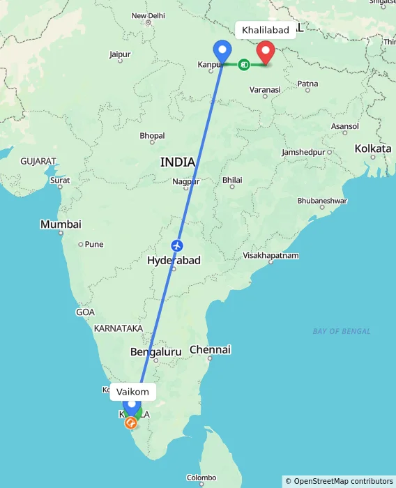 Route map showing distance and travel time from Vaikom, India to Khalilabad, India