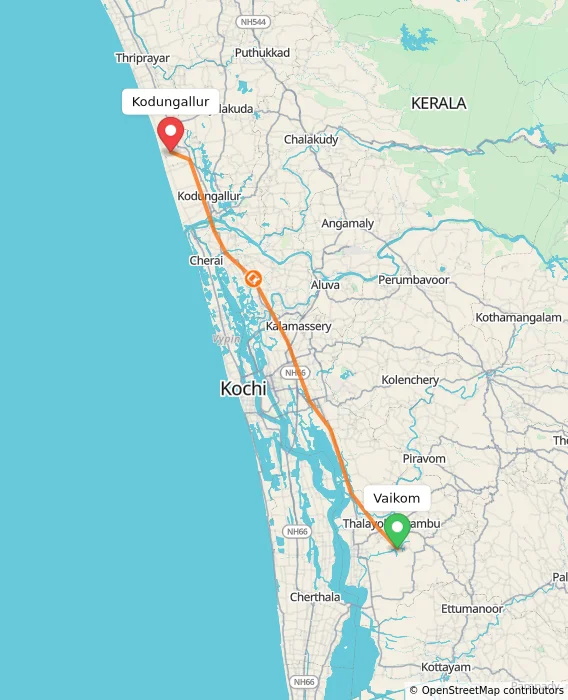 Route map showing distance and travel time from Vaikom, India to Kodungallur, India