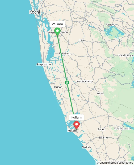 Route map showing distance and travel time from Vaikom, India to Kollam, India
