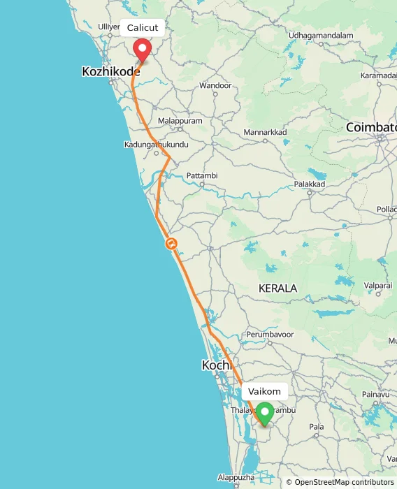 Route map showing distance and travel time from Vaikom, India to Kozhikode, India