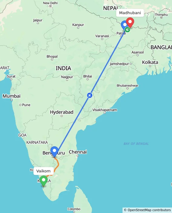 Route map showing distance and travel time from Vaikom, India to Madhubani, India