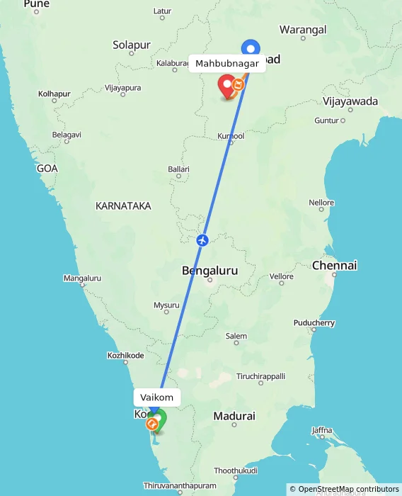 Route map showing distance and travel time from Vaikom, India to Mahbubnagar, India