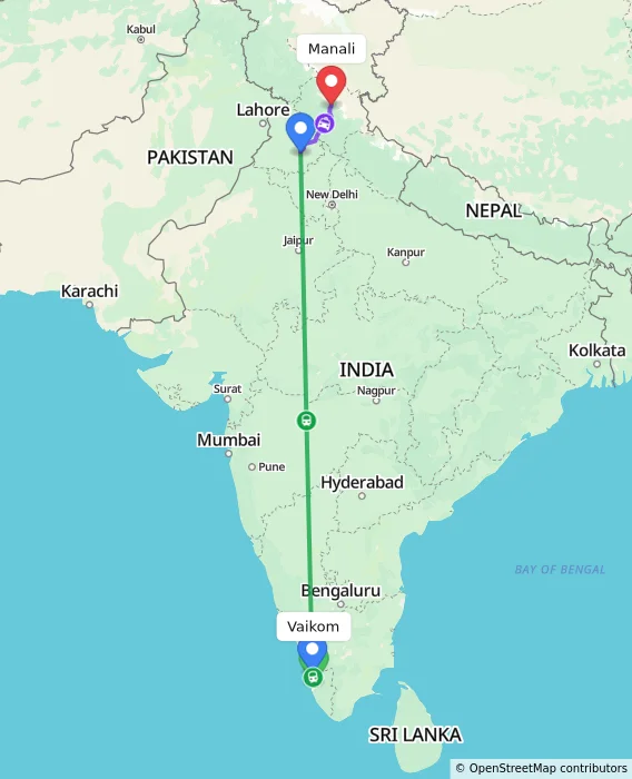 Route map showing distance and travel time from Vaikom, India to Manali, India