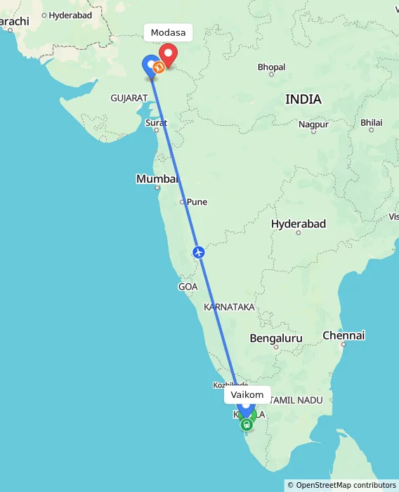 Route map showing distance and travel time from Vaikom, India to Modasa, India
