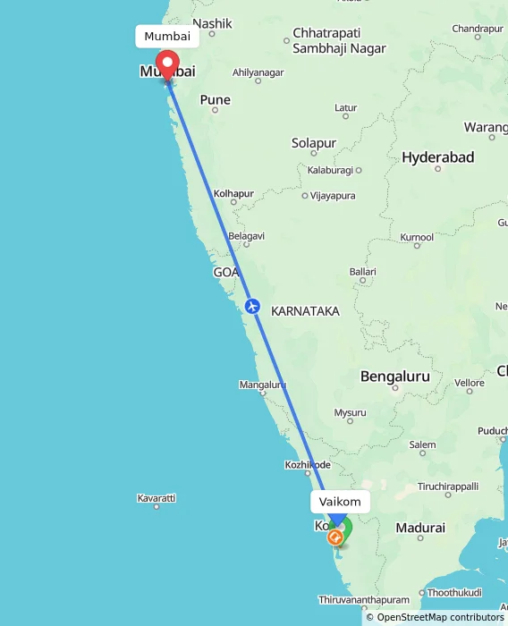 Route map showing distance and travel time from Vaikom, India to Mumbai, India