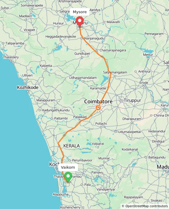 Route map showing distance and travel time from Vaikom, India to Mysore, India