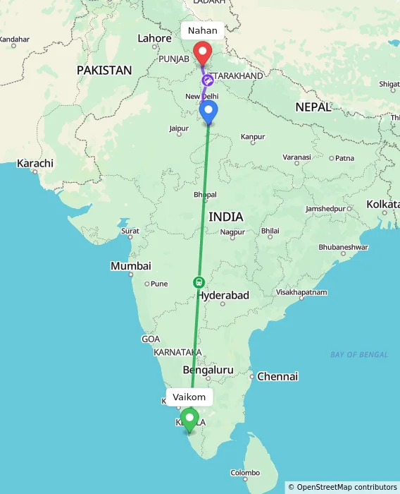 Route map showing distance and travel time from Vaikom, India to Nahan, India