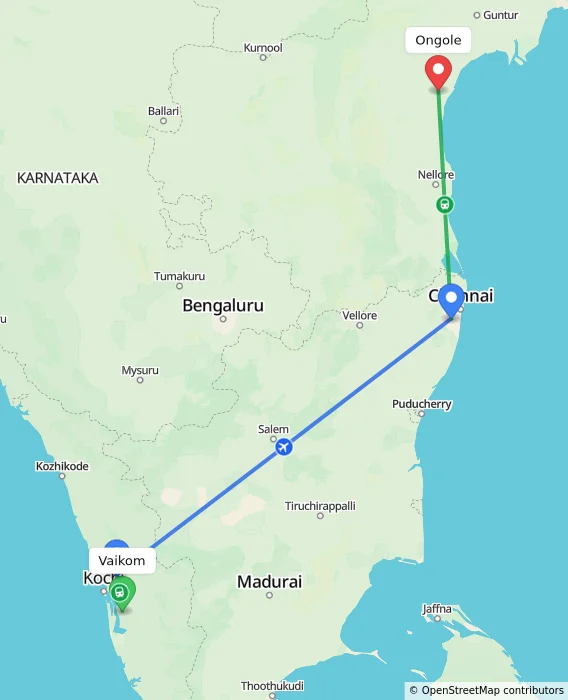 Route map showing distance and travel time from Vaikom, India to Ongole, India