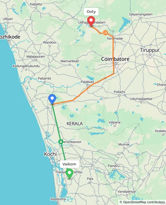 Route map showing distance and travel time from Vaikom, India to Ooty, India
