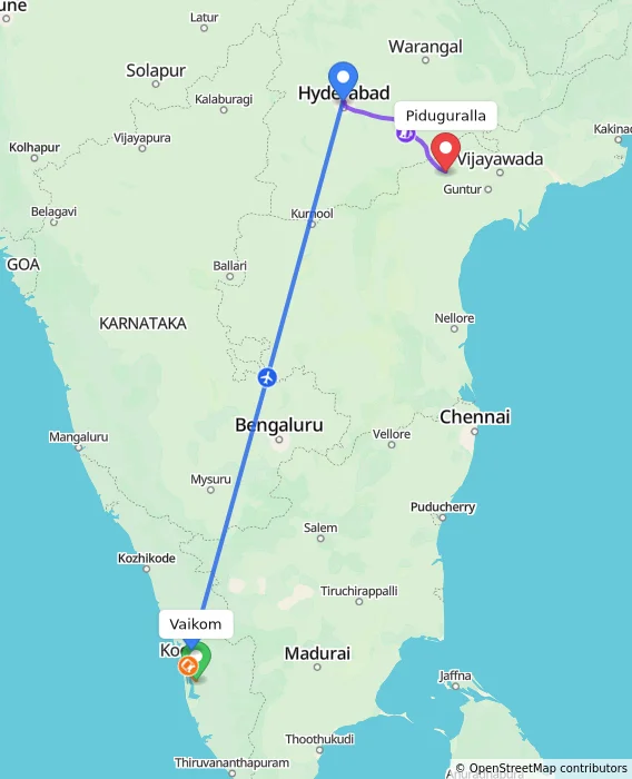 Route map showing distance and travel time from Vaikom, India to Piduguralla, India