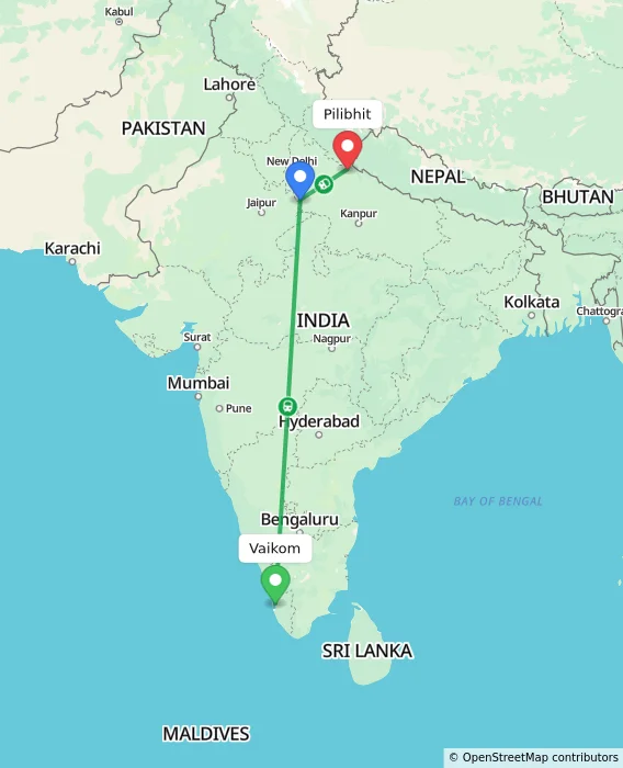 Route map showing distance and travel time from Vaikom, India to Pilibhit, India