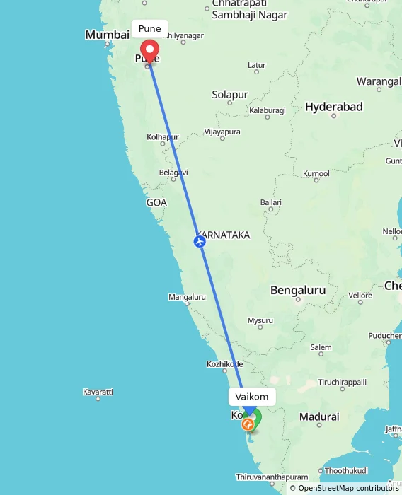 Route map showing distance and travel time from Vaikom, India to Pune, India