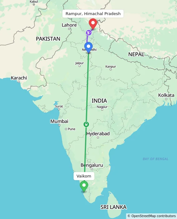 Route map showing distance and travel time from Vaikom, India to Rampur, Himachal Pradesh, India