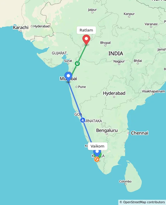 Route map showing distance and travel time from Vaikom, India to Ratlam, India