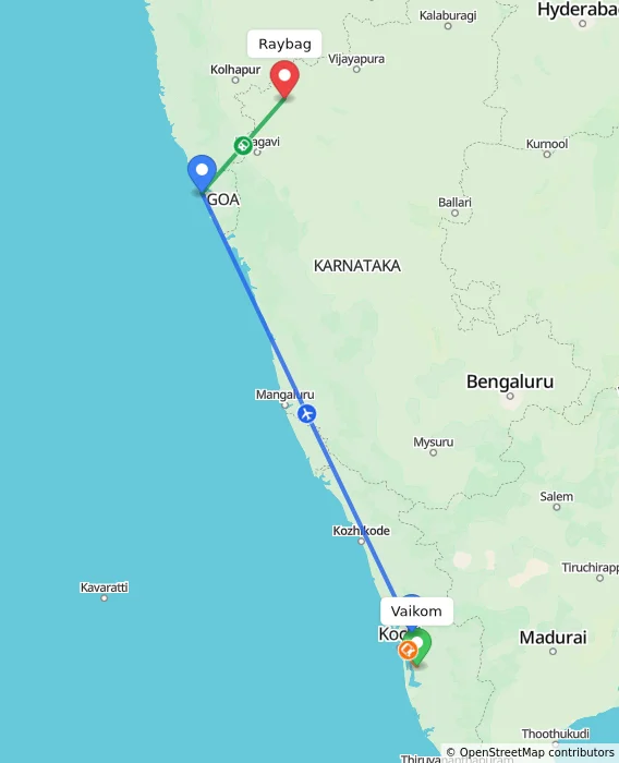 Route map showing distance and travel time from Vaikom, India to Raybag, India