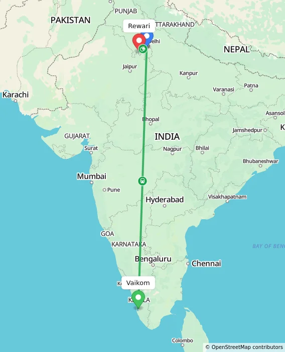 Route map showing distance and travel time from Vaikom, India to Rewari, India