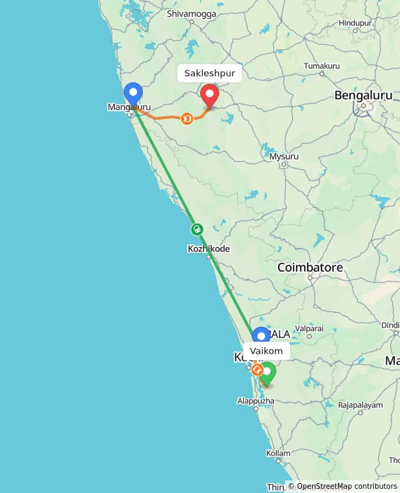 Route map showing distance and travel time from Vaikom, India to Sakleshpur, India