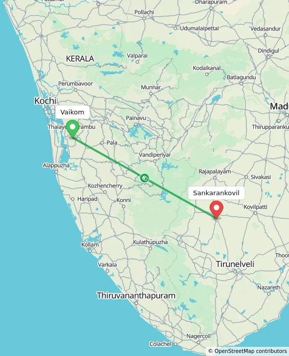 Route map showing distance and travel time from Vaikom, India to Sankarankovil, India