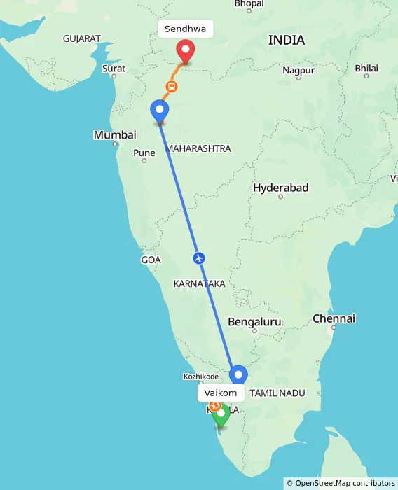 Route map showing distance and travel time from Vaikom, India to Sendhwa, India