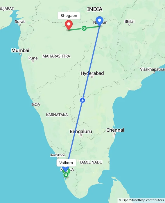 Route map showing distance and travel time from Vaikom, India to Shegaon, India