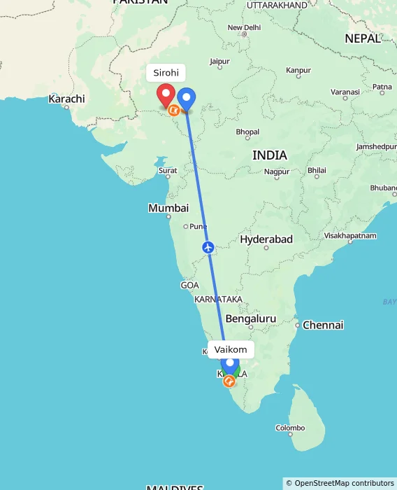 Route map showing distance and travel time from Vaikom, India to Sirohi, India