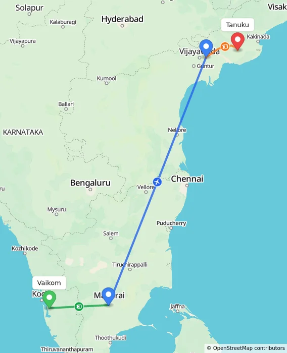 Route map showing distance and travel time from Vaikom, India to Tanuku, India