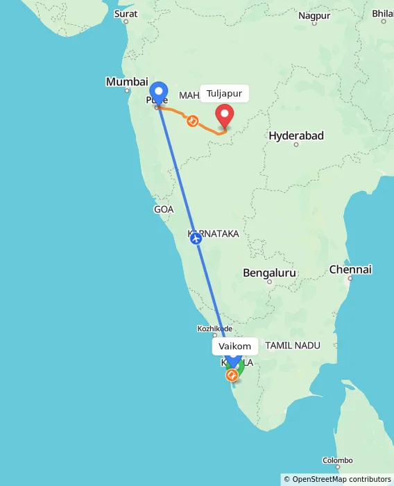 Route map showing distance and travel time from Vaikom, India to Tuljapur, India
