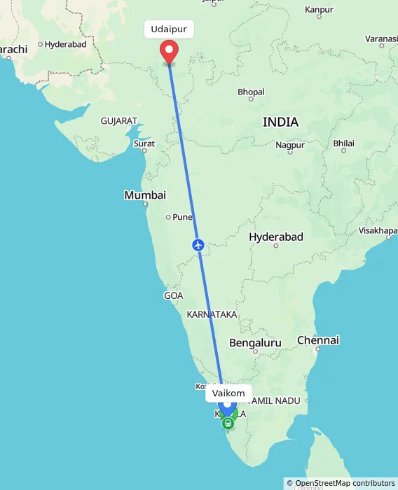 Route map showing distance and travel time from Vaikom, India to Udaipur, India