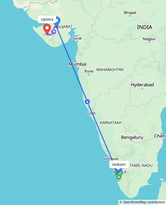 Route map showing distance and travel time from Vaikom, India to Upleta, India