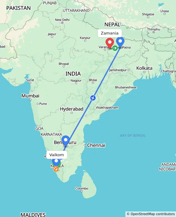 Route map showing distance and travel time from Vaikom, India to Zamania, India