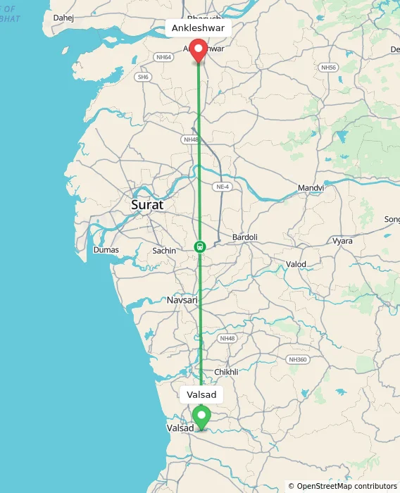 Route map showing distance and travel time from Valsad, India to Ankleshwar, India
