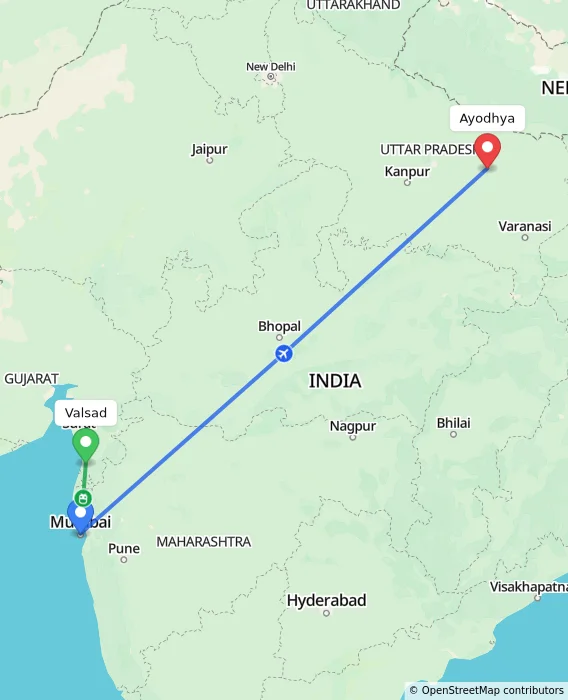 Route map showing distance and travel time from Valsad, India to Ayodhya, India