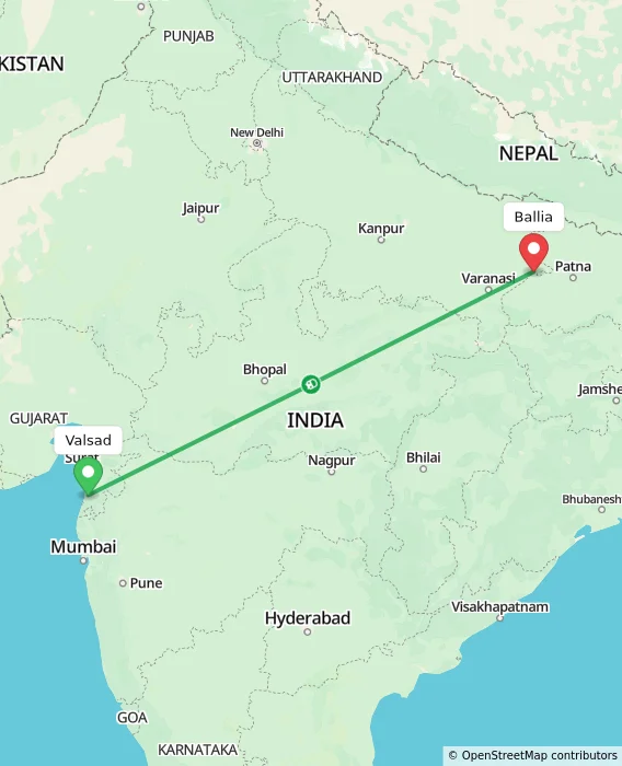 Route map showing distance and travel time from Valsad, India to Ballia, India