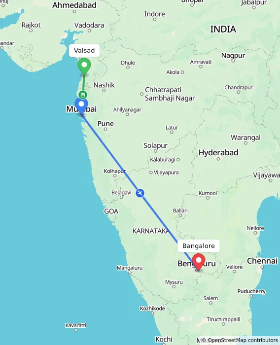 Route map showing distance and travel time from Valsad, India to Bangalore, India