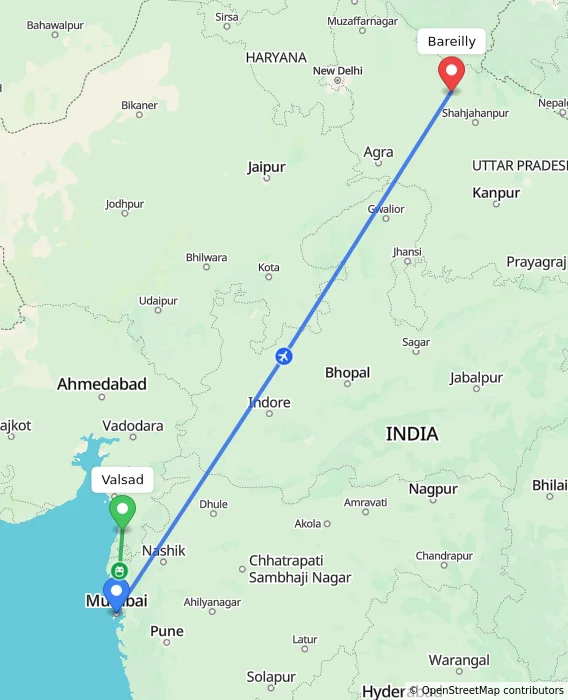 Route map showing distance and travel time from Valsad, India to Bareilly, India