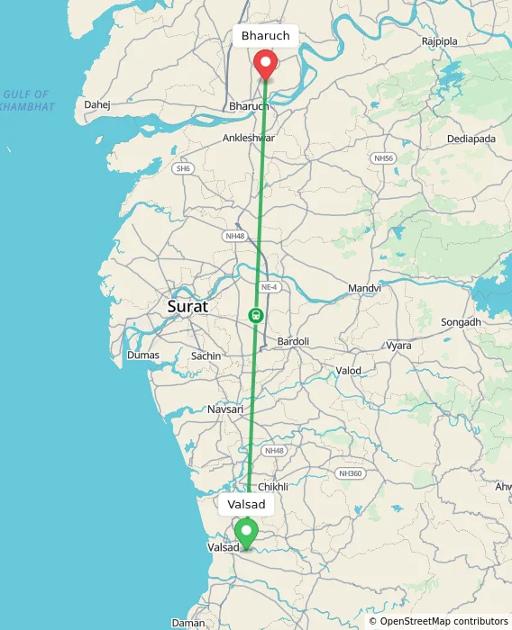 Route map showing distance and travel time from Valsad, India to Bharuch, India