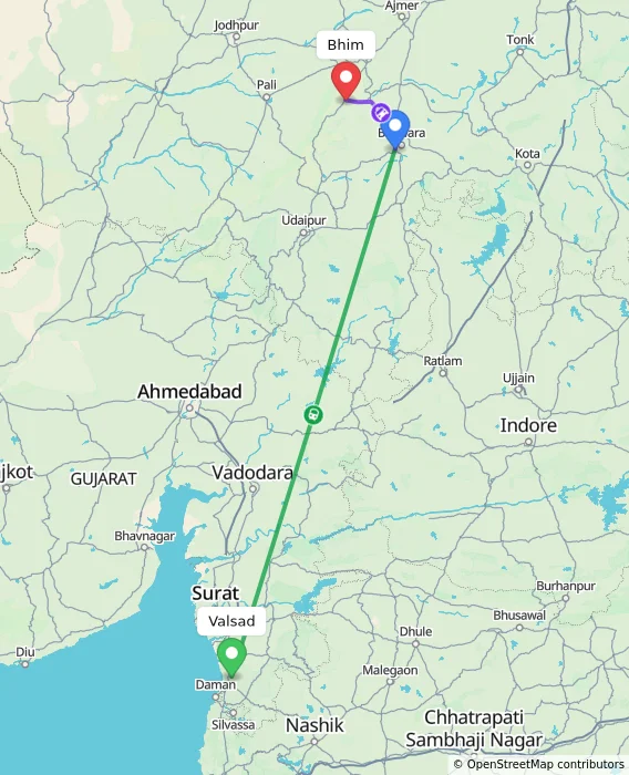 Route map showing distance and travel time from Valsad, India to Bhim, India