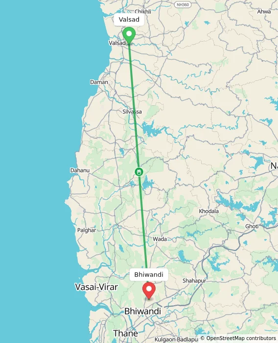 Route map showing distance and travel time from Valsad, India to Bhiwandi, India