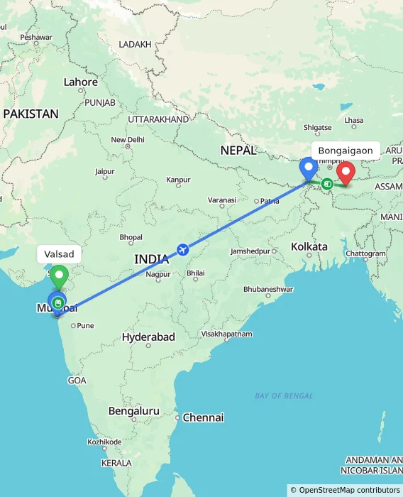 Route map showing distance and travel time from Valsad, India to Bongaigaon, India