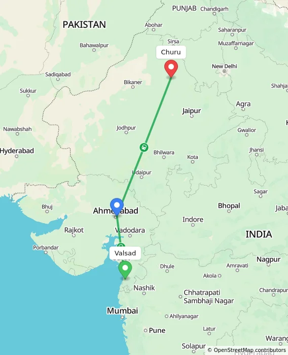 Route map showing distance and travel time from Valsad, India to Churu, India