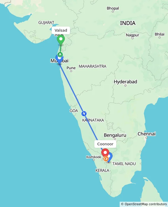 Route map showing distance and travel time from Valsad, India to Coonoor, India