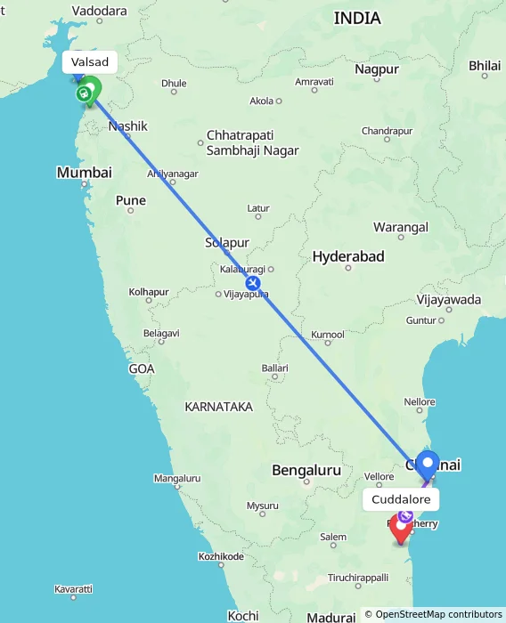 Route map showing distance and travel time from Valsad, India to Cuddalore, India