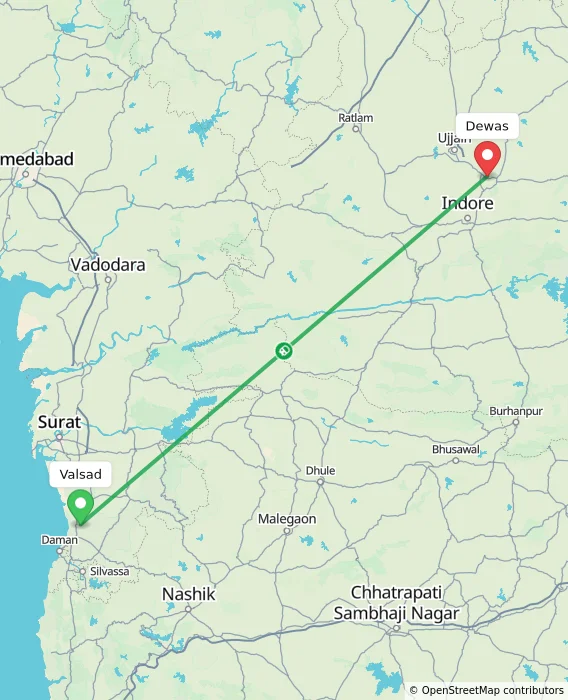 Route map showing distance and travel time from Valsad, India to Dewas, India