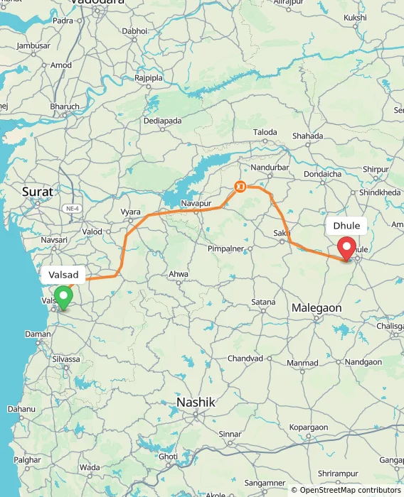 Route map showing distance and travel time from Valsad, India to Dhule, India