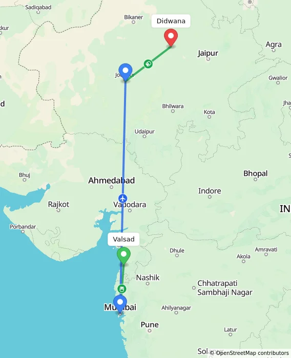 Route map showing distance and travel time from Valsad, India to Didwana, India